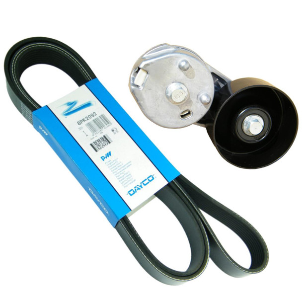 Direct Replacement DAYCO Fan Belt & Tensioner for Discovery 3 2.7 TDV6, automotive fan belt and tensioner component with branding and packaging. Direct Replacement DAYCO Fan Belt & Tensioner for Discovery 3 2.7 TDV6, automotive fan belt and tensioner component with branding and packaging.