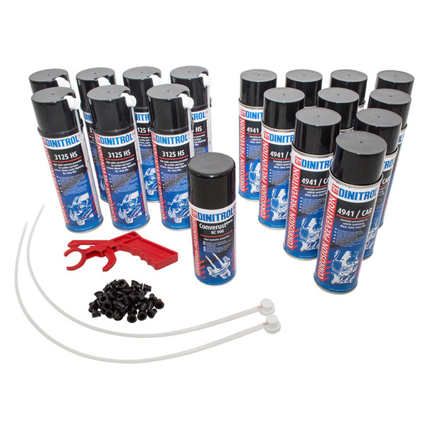 Dinitrol Large Car Rustproofing Aerosol Kit Dinitrol, a set of large aerosol cans for car rust protection with applicator tools and accessories.
