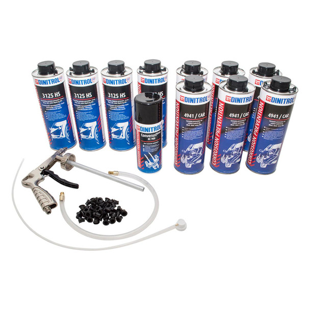 Dinitrol Large Car Rustproofing Aerosol Kit Dinitrol - DA1987, a comprehensive rustproofing aerosol kit for cars with multiple aerosol cans, a spray gun, hoses, and sealing caps for automotive corrosion prevention.