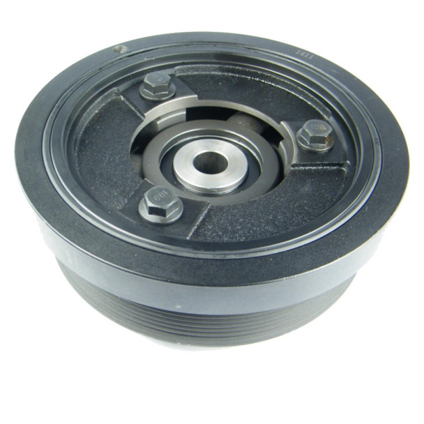 Direct Replacement Crankshaft Pulley Damper for Defender Td5, engine crankshaft pulley damper with metal bolts and central bearing detail.