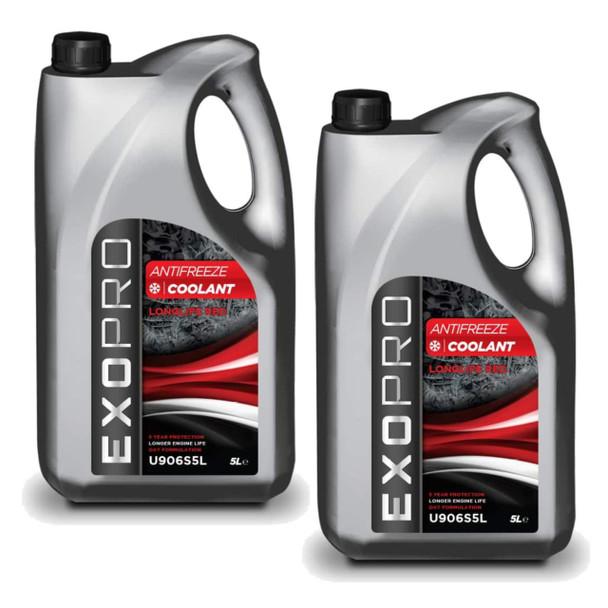 Exopro Red Antifreeze Long-life Coolant Concentrate 2 X 5L Litre, two grey bottles of coolant with red and black labelling. Exopro Red Antifreeze Long-life Coolant Concentrate 2 X 5L Litre, two grey bottles of coolant with red and black labelling.