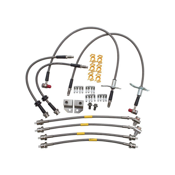 Britpart Stainless Steel Braided Brake Hose Kit for Discovery 4, automotive brake hoses and fittings with mounting brackets and clips.