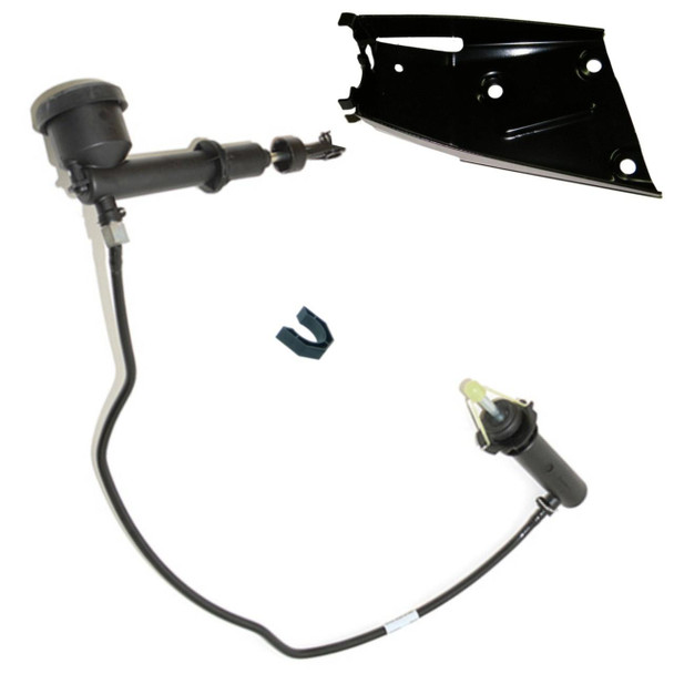 Direct Replacement Clutch Master & Slave Cylinder & Bracket Left Hand Drive for Freelander 1, automotive clutch hydraulic system components with mounting bracket.