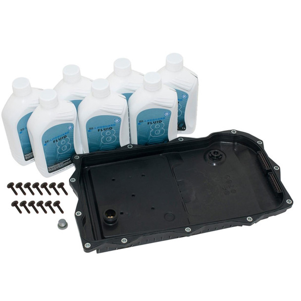 Britpart Automatic Transmission Fluid Change Kit for 8-Speed Transmission Discovery 4, Range Rover Sport, Range Rover L322, Range Rover L405, includes eight bottles of transmission fluid, a black transmission pan, and mounting hardware.