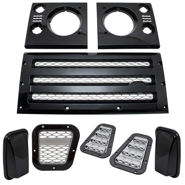 Britpart XS Facelift Kit | Gloss Black Grilles & Mirrors with Silver Mesh for Defender, car grille and mirror upgrade parts in gloss black with silver mesh accents. Britpart XS Facelift Kit | Gloss Black Grilles & Mirrors with Silver Mesh for Defender, car grille and mirror upgrade parts in gloss black with silver mesh accents.