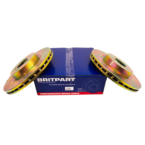 Britpart Front Vented Brake Discs Grooved and Drilled Performance Upgrade for Range Rover Sport L320, gold-coloured vented and grooved brake discs placed on top of a Britpart box with blue and red design.