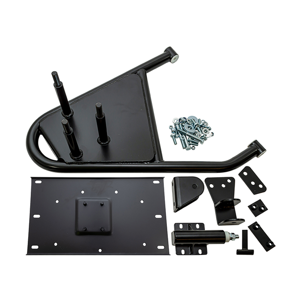 Swing Away Spare Wheel Carrier for Defender - DA2232, black metal spare wheel mount attached to the rear of a Land Rover Defender for easy access and convenience.