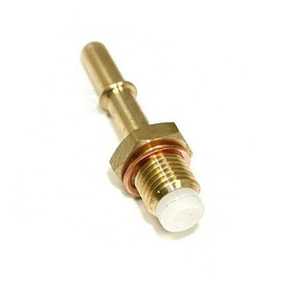 Britpart Fuel Filter Air Bleed Valve for Defender Td5, close-up view of a brass automotive fuel filter air bleed valve with a white plastic element on top, isolated on white background.