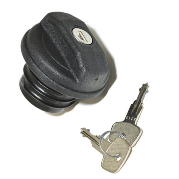 OEM Parts Fuel Filler Cap Locking Td5 & Puma for Defender, close-up of black fuel filler cap with key, lock mechanism, and keys for vehicle security. OEM Parts Fuel Filler Cap Locking Td5 & Puma for Defender, close-up of black fuel filler cap with key, lock mechanism, and keys for vehicle security.