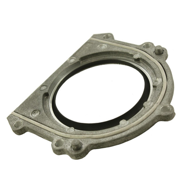 Direct Replacement OEM Replacement Rear Crankshaft Oil Seal for Defender Td5 and Discovery 2 Td5, automotive part showing a metallic rear crankshaft oil seal with a circular rubber inner ring. Direct Replacement OEM Replacement Rear Crankshaft Oil Seal for Defender Td5 and Discovery 2 Td5, automotive part showing a metallic rear crankshaft oil seal with a circular rubber inner ring.