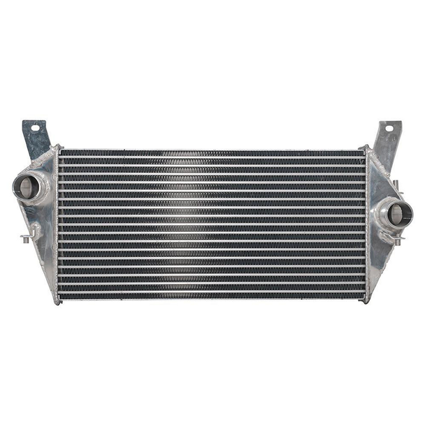 Britpart High Performance Intercooler for Defender Td5 & Puma, front view showing metal fins and inlet/outlet pipes.
