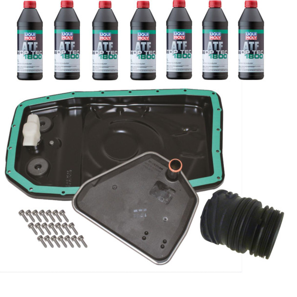 JGS 4X4 ZF 6HP26 Automatic Gearbox Metal Sump Filter with Wiring Sleeve for Range Rover L322, image showing the gearbox filter, metal sump, wiring sleeve, gasket, and installation screws.