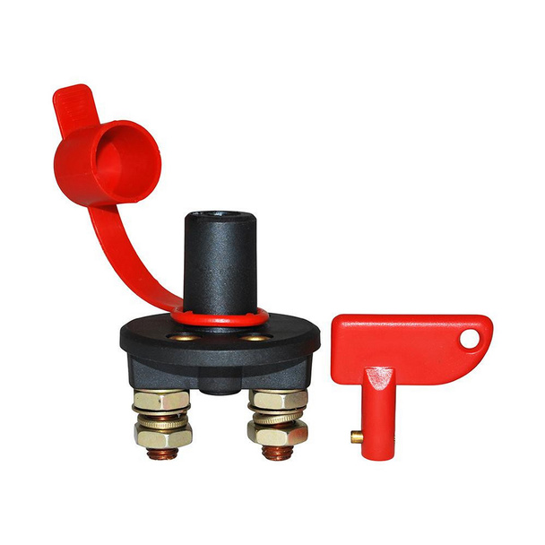 Britpart Universal 12v Battery Isolator Switch, vehicle battery disconnect switch with red safety cover and remote switch handle.