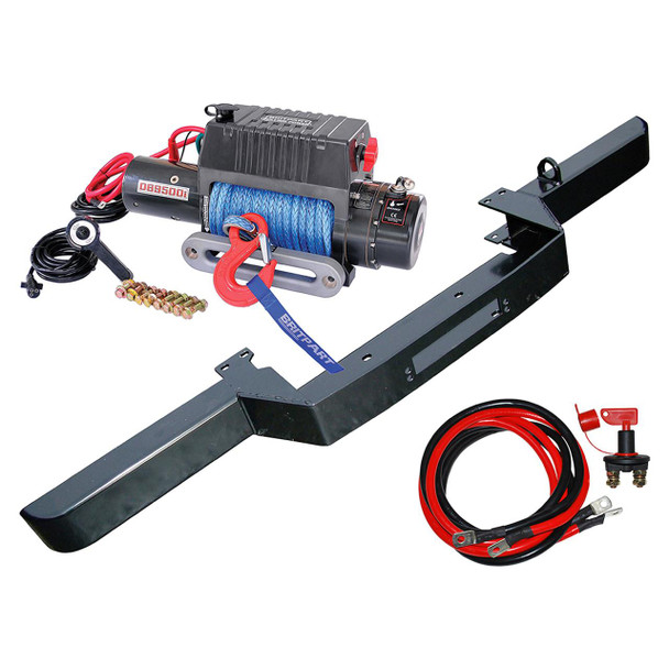 Britpart Winch Bumper and DB9500I Winch for Defender With Air Con - DB1345R, with winch, mounting bracket, cables, and accessories for off-road recovery.