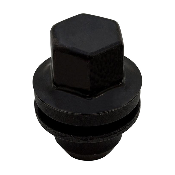 OEM Parts Satin Black Alloy Wheel Nut for Discovery 3, close-up of a black wheel nut with a hexagonal head designed for vehicle wheel installation.