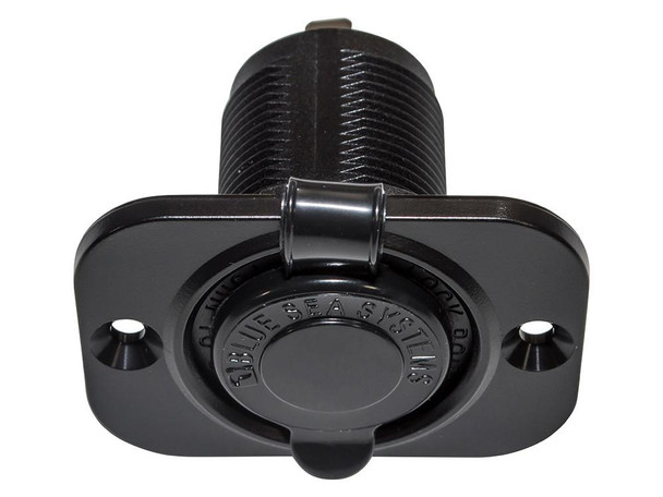 Blue Sea Systems Universal 12-Volt Car Dashboard 12V DC Power Outlet Charging Socket, black car accessory with a round socket and mounting plate.