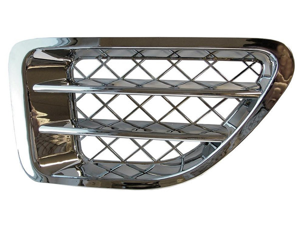Britpart Right Hand Air Intake Grille Chrome for Range Rover Sport L320, chrome front right air vent grille with a grid design and horizontal slats. Britpart Right Hand Air Intake Grille Chrome for Range Rover Sport L320, chrome front right air vent grille with a grid design and horizontal slats.