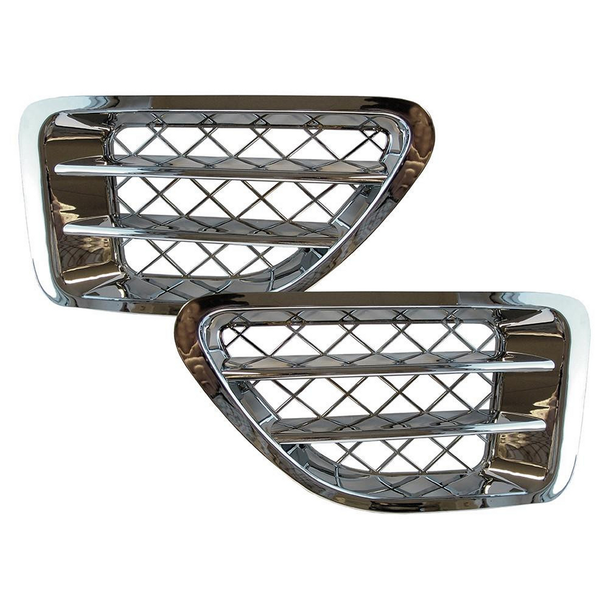 Britpart Air Intake Wing Grille Chrome Pair for Range Rover Sport L320, chrome wing grille covers with a grid pattern and two horizontal bars for enhanced engine airflow and stylish ap