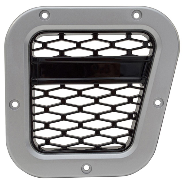 Britpart Right Hand Side XS Air Intake Grille for Defender, durable car accessory with hexagonal mesh design and silver frame. Britpart Right Hand Side XS Air Intake Grille for Defender, durable car accessory with hexagonal mesh design and silver frame.