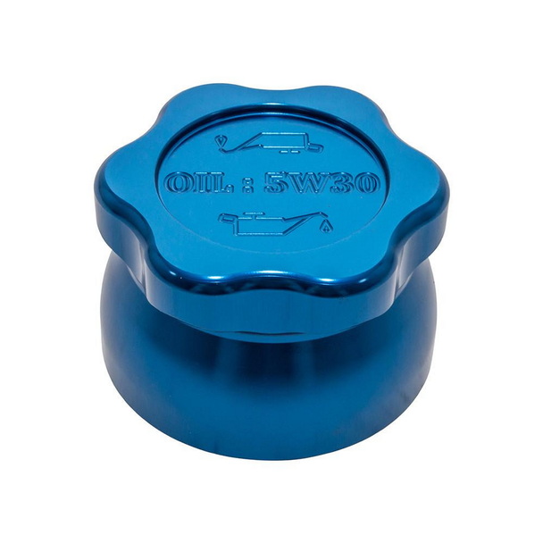 Britpart Blue Aluminium Engine Oil Filler Cap for Defender Puma, close-up view of the blue metal oil filler cap with visible oil grade specifications 'OIL: 5W30' and oil can icons.