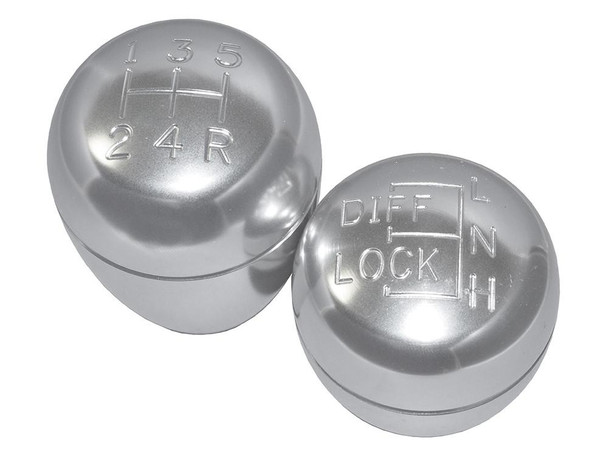 Britpart Alloy Main Gear & Transfer Gear Lever Set for Defender (1995-2006) with R380 Gearbox, silver gear shift knobs with engraved shift pattern and labels. Britpart Alloy Main Gear & Transfer Gear Lever Set for Defender (1995-2006) with R380 Gearbox, silver gear shift knobs with engraved shift pattern and labels.