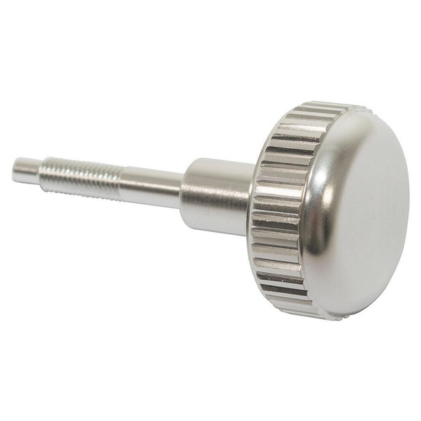Britpart Silver Aluminium Fuse Box Screw for Defender, close-up of the metallic screw with knurled head and threaded shaft.