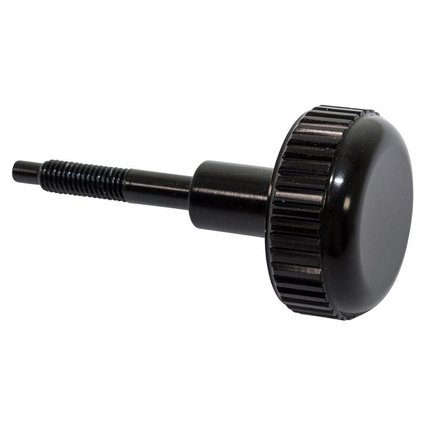 Britpart Black Aluminium Fuse Box Screw for Defender, close-up view of a black aluminium screw with a knurled head and threaded shaft for vehicle fuse box installation.