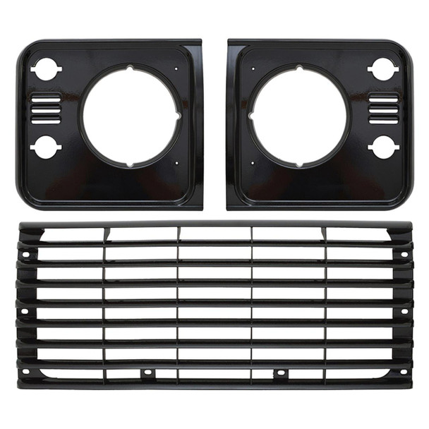 Britpart Radiator Grille & Headlamp Surround Set Santorini Black for Defender, black plastic grille and headlamp surround set with mounting holes and slatted design. Britpart Radiator Grille & Headlamp Surround Set Santorini Black for Defender, black plastic grille and headlamp surround set with mounting holes and slatted design.