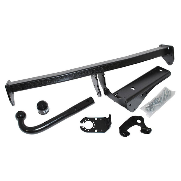 Thule Swan Neck Fixed Tow Bar for Freelander 2 - VPLFT0120, black tow bar with mounting hardware and accessories for vehicle towing.
