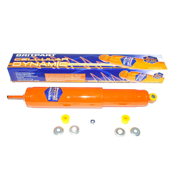 Britpart CELLULAR DYNAMIC Steering Damper for Defender, orange shock absorber with mounting hardware and packaging box.
