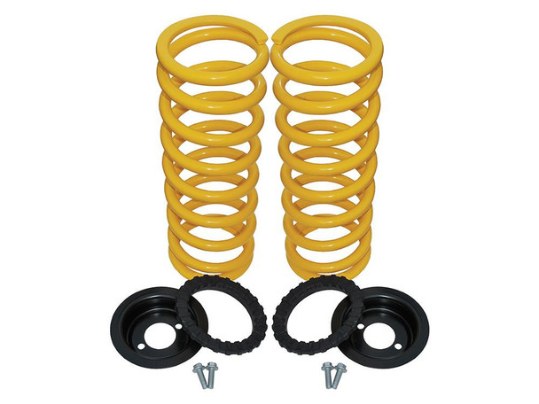 Britpart Rear Air To Coil Spring Conversion Kit Plus 50mm for Discovery 2, yellow coil springs with black mounting plates and hardware.