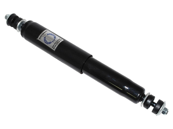Britpart Heavy-Duty Oil Filled Front Shock Absorber for Defender, black automotive shock absorber with metal mounting components. Britpart Heavy-Duty Oil Filled Front Shock Absorber for Defender, black automotive shock absorber with metal mounting components.