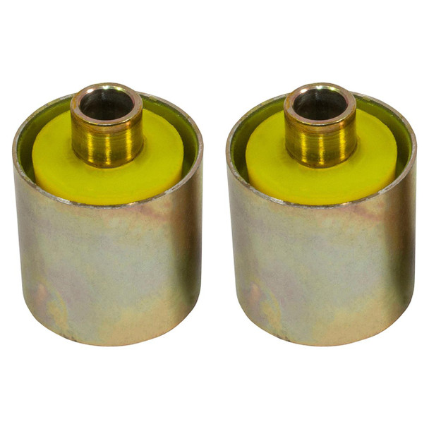 Britpart Polyurethane Front & Rear Radius Arm To Chassis Bush Set Yellow for Discovery 2, close-up image of two cylindrical metal bushes with yellow polyurethane insulators inside.