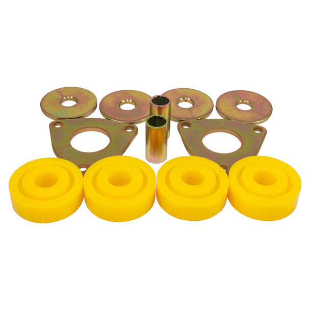 Britpart Yellow Polyurethane Rear Trailing Arm Chassis Bushes for Defender - STC618, image showing yellow polyurethane bushes and metal brackets for vehicle suspension replacement.