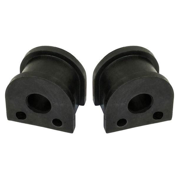 Britpart Black Polyurethane Front Anti-Roll Bar Stabiliser Bushes for Defender, Discovery 1, and Range Rover Classic, image showing a pair of black rubber stabiliser bushes with multiple holes for fitting onto vehicle suspension.