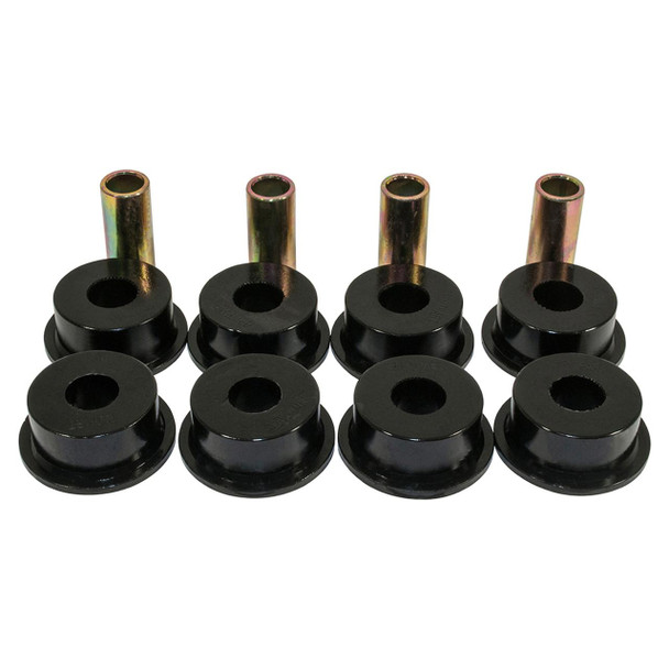 Britpart Polyurethane Front Radius Arm to Axle Bush Set Black for Discovery 1 & Range Rover, set of four black polyurethane bushes with metal sleeves for suspension upgrade.