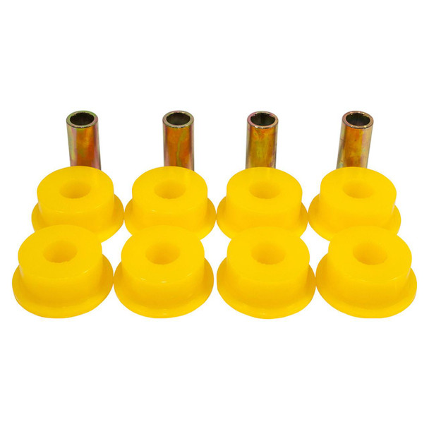 Britpart Yellow Polyurethane Front Radius Arm to Axle Bushes for Defender - NTC6781PY-YELLOW, image showing yellow polyurethane bushes with metal sleeves for vehicle suspension repair.