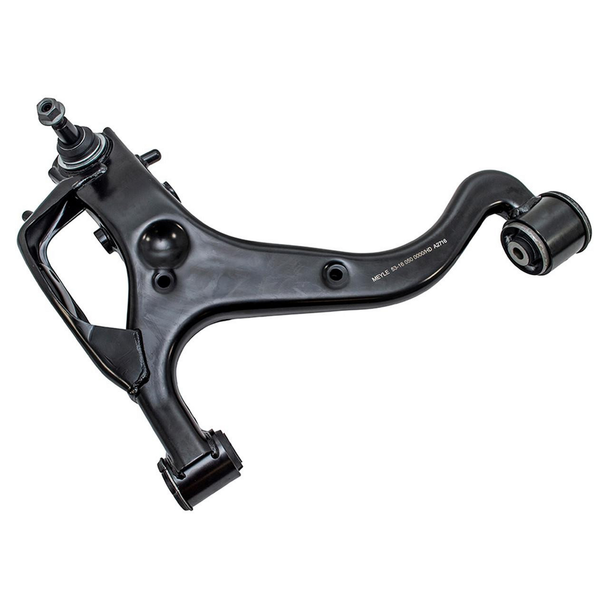 Meyle Front Left Lower Suspension Arm Heavy-Duty Meyle for Range Rover Sport L320, black suspension arm with bushings at both ends.