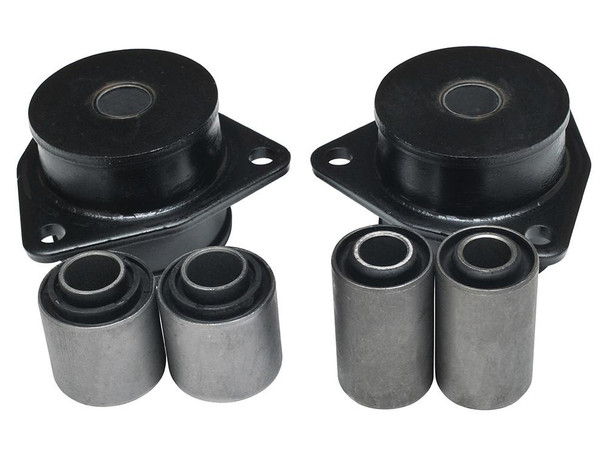 Britpart Rear Suspension Bush Kit for Defender, Discovery 1, and Range Rover Classic, black suspension bush mounts with metal bushings for vehicle suspension repair. Britpart Rear Suspension Bush Kit for Defender, Discovery 1, and Range Rover Classic, black suspension bush mounts with metal bushings for vehicle suspension repair.