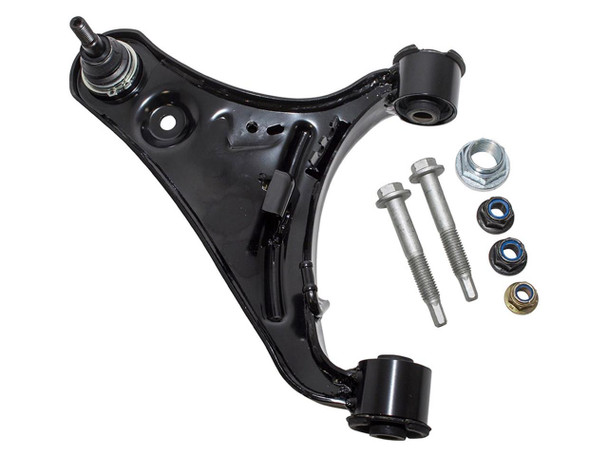 BRITPARTXS Front Right Upper Suspension Arm With Bolts OE Quality for Discovery 3, a black car suspension component with bolts and nuts. BRITPARTXS Front Right Upper Suspension Arm With Bolts OE Quality for Discovery 3, a black car suspension component with bolts and nuts.