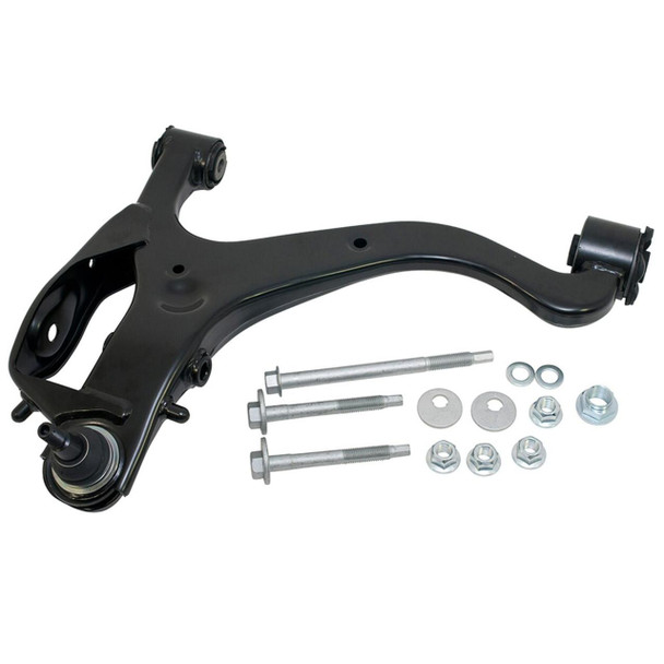 BRITPARTXS Front Right Lower Suspension Arm With Bolts OE Quality for Discovery 3, black suspension arm with mounting hardware.