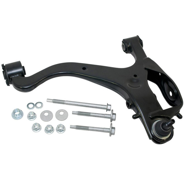 BRITPARTXS Front Left Lower Suspension Arm With Bolts OE Quality for Discovery 3, black metal suspension arm with bolts, washers, and nuts for vehicle suspension repair.