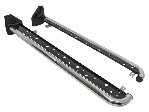 Direct Replacement Stainless Steel Side Steps for Discovery 2, image showing a pair of chrome-finished side steps with black mounting brackets for off-road vehicle Direct Replacement Stainless Steel Side Steps for Discovery 2, image showing a pair of chrome-finished side steps with black mounting brackets for off-road vehicle