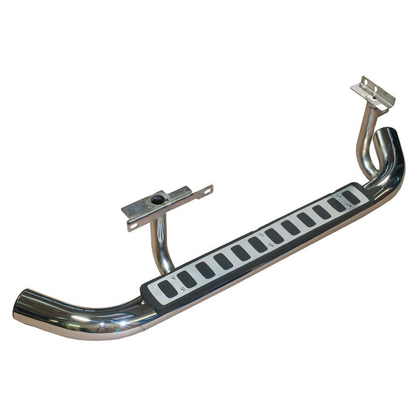 Fire and Ice Stainless Steel Side Steps for Defender 90, front view of OEM car part with polished stainless steel finish and black step pad.