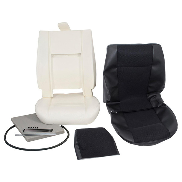 Britpart Outer Seat Re-Trim Kit Black Mesh Trim - DA5603E for Defender, package includes black mesh outer seat cover, foam padding, and installation accessories for vehicle seat re-trimming.