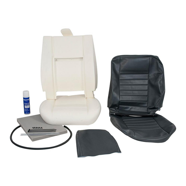 Britpart Front Outer Seat Re-Trim Kit Grey Vinyl - DA5630 for Defender, includes grey vinyl seat covers, replacement foam, tools, and adhesive for easy installation.