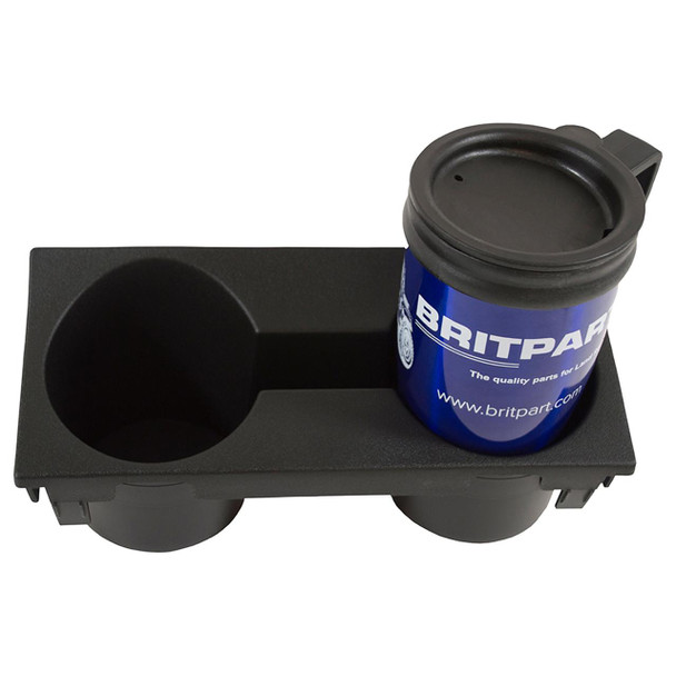 Britpart Cubby Box Double Cup Holder, black plastic cup holder with space for two cups and a storage compartment, designed for vehicle cubby boxes.