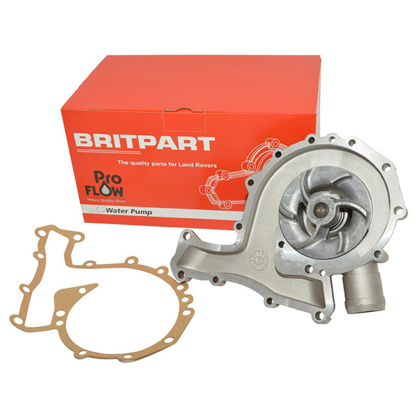 PROFLOW High-Quality Proflow STC483 V8 Water Pump for Discovery 1 and Range Rover Classic, image of a silver water pump with an attached gasket and orange box in the background. PROFLOW High-Quality Proflow STC483 V8 Water Pump for Discovery 1 and Range Rover Classic, image of a silver water pump with an attached gasket and orange box in the background.