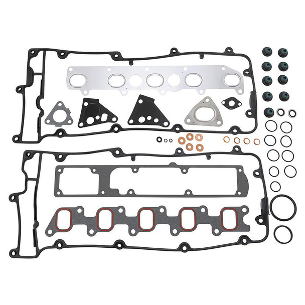 Britpart Cylinder Head Gasket Set for Discovery 2 and Defender Td5, image showing engine gasket components including head gasket, seals, washers, and various rubber and metal gaskets.