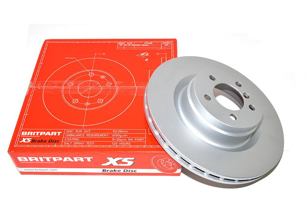 BRITPARTXS Front Vented Brake Discs - Exact OEM Specification for Range Rover L322 4.2/5.0 V8 3.6 TDV8, silver vented brake disc placed next to the red packaging box with white text. BRITPARTXS Front Vented Brake Discs - Exact OEM Specification for Range Rover L322 4.2/5.0 V8 3.6 TDV8, silver vented brake disc placed next to the red packaging box with white text.